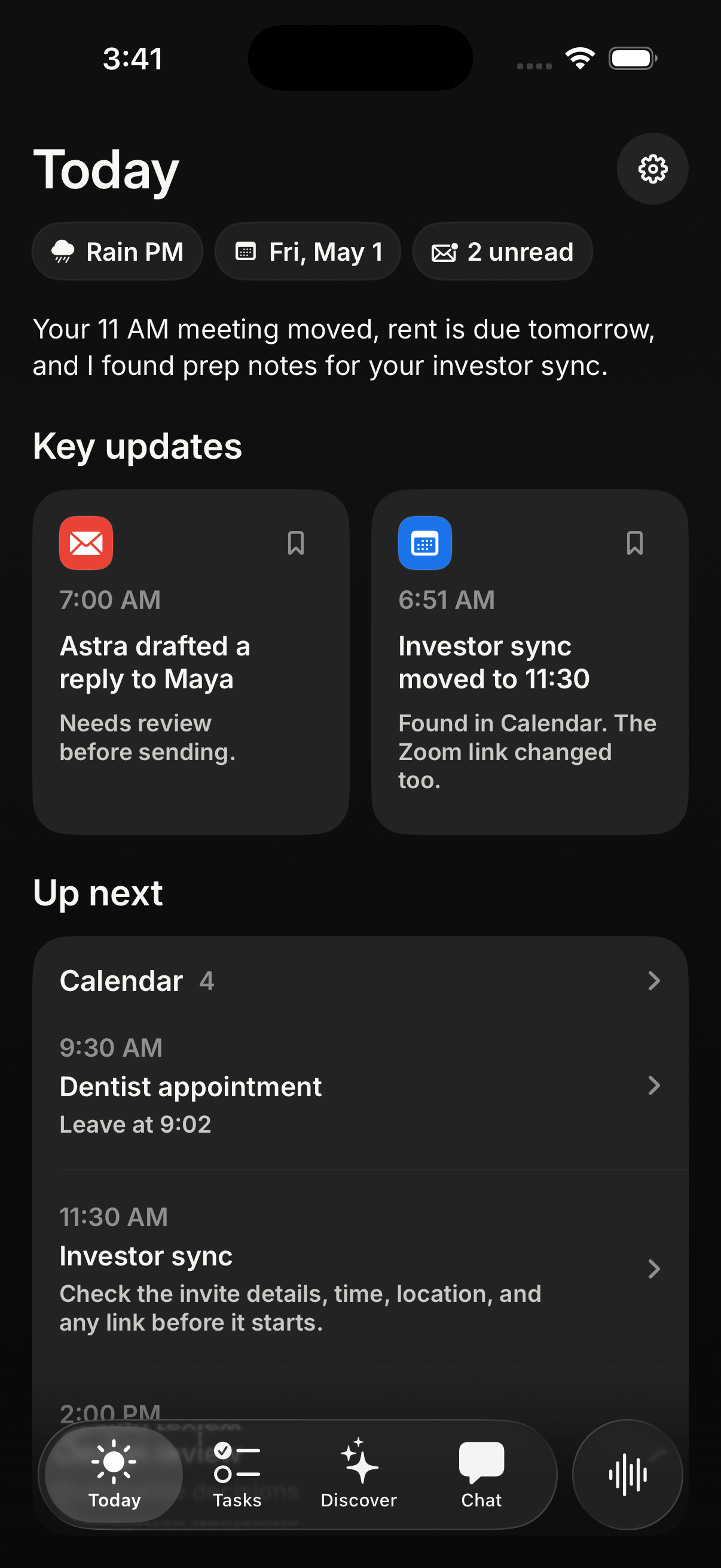 Astra Today screen in dark mode showing key updates with the reasoning attached
