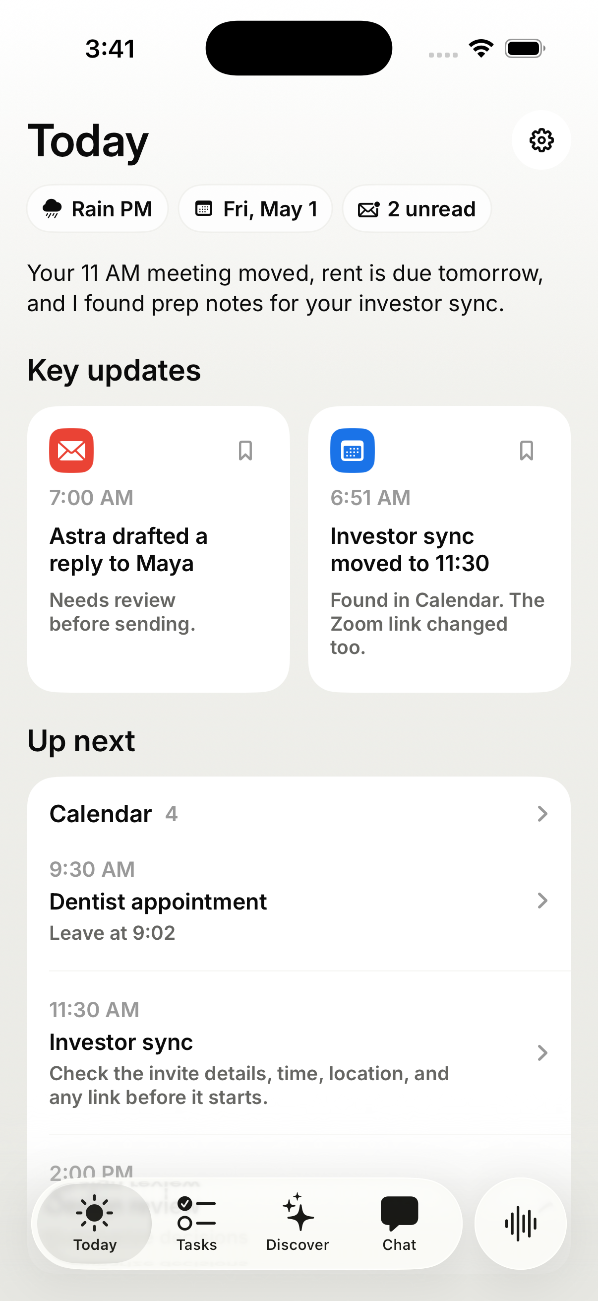 Astra Today screen — a prioritized feed of important email, calendar, and what to prep for